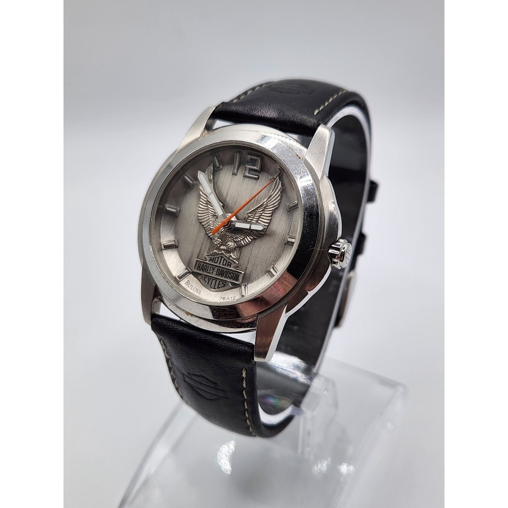 Bulova Harley-Davidson Watch Mens 76A12 Silver Black Leather Eagle Logo 2006